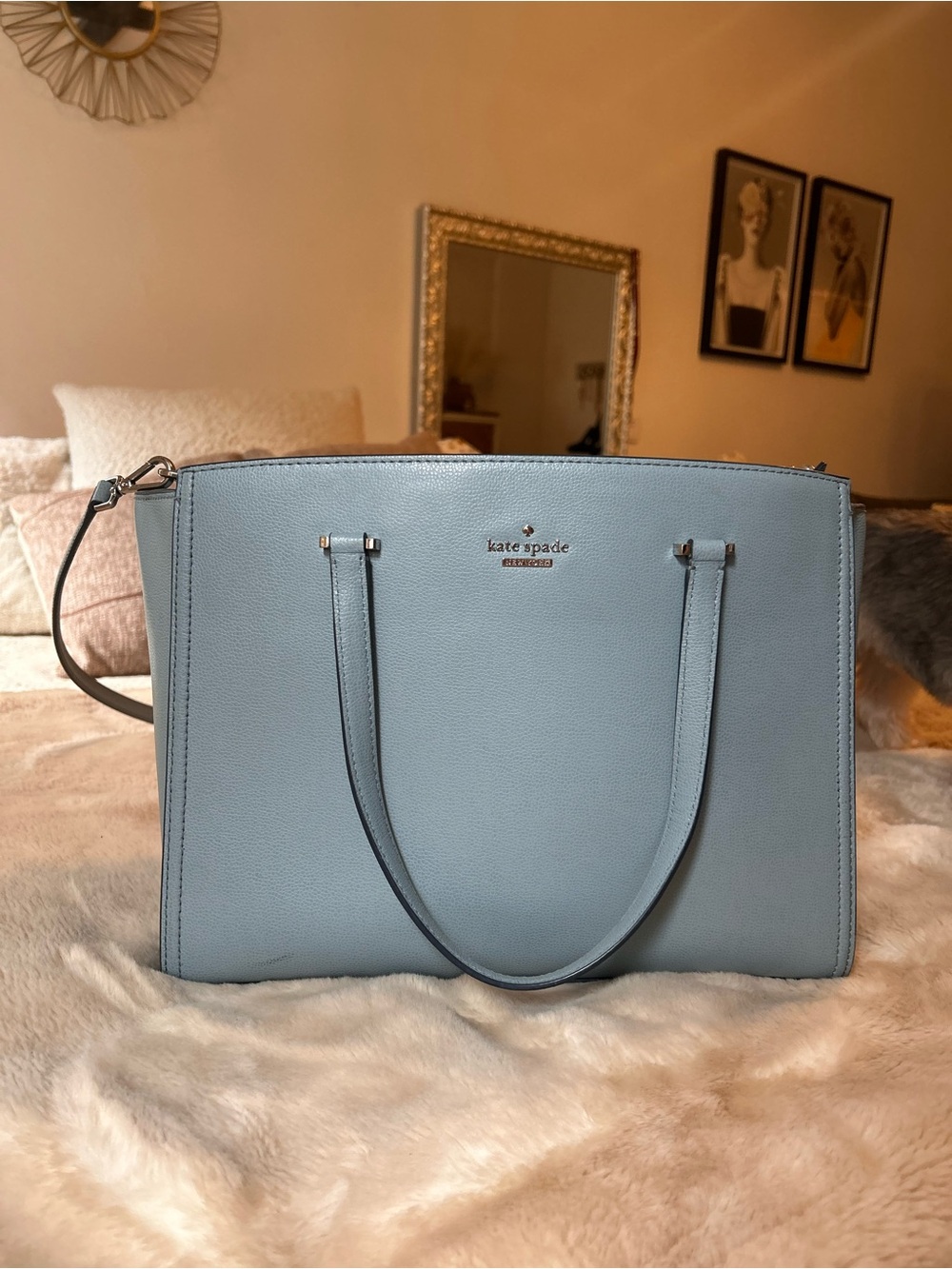 kate spade pale blue pebbled leather tote with detachable strap